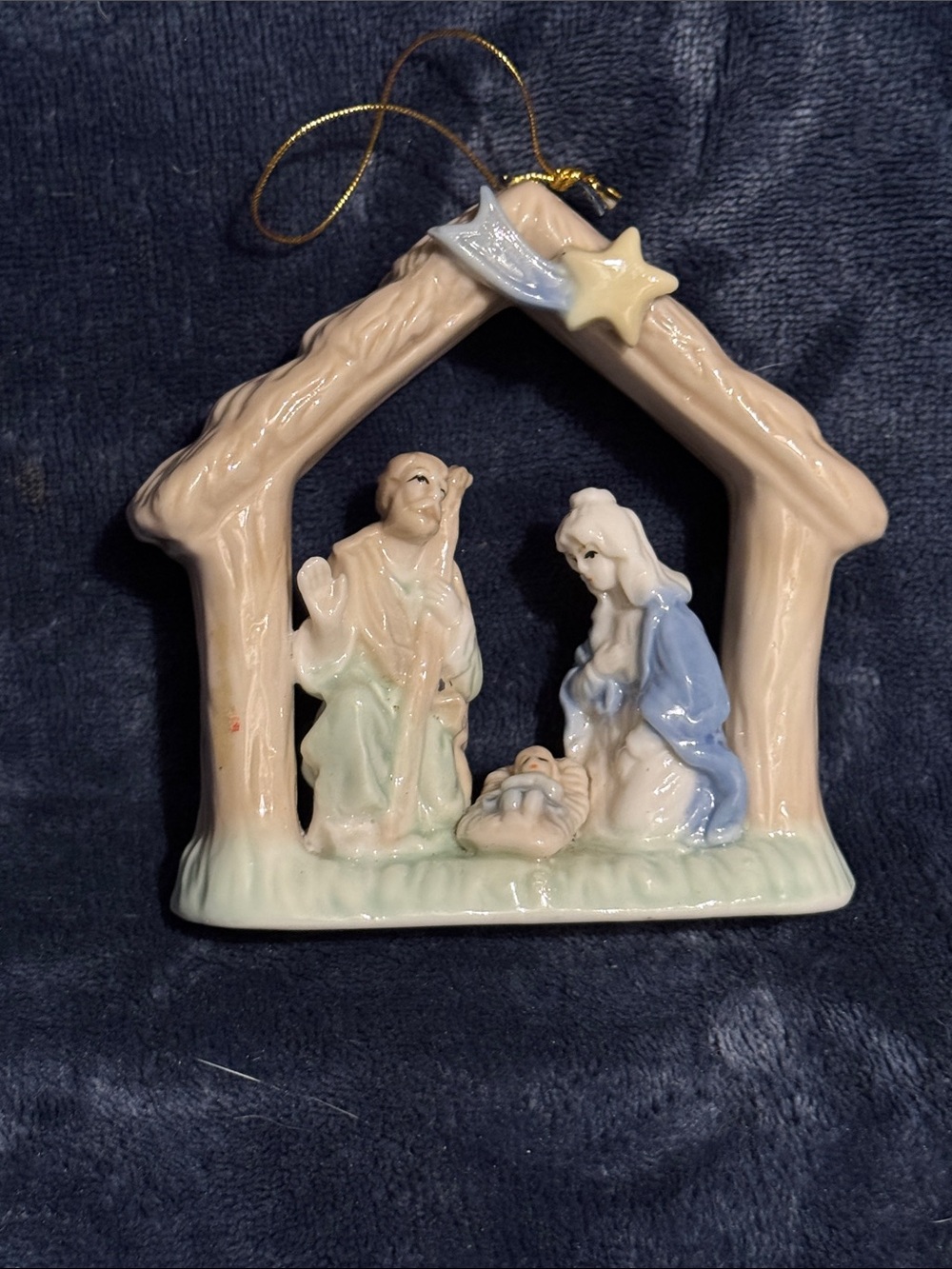 Porcelain Nativity Ornament with Light Blue and Cream Finish